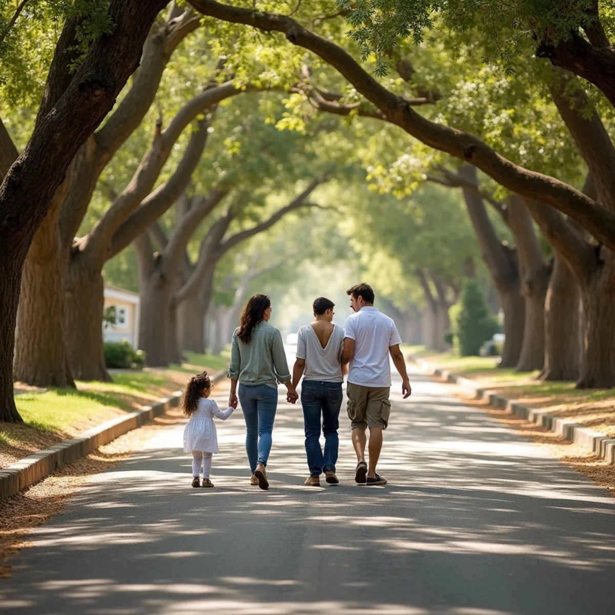 Century-old live oaks arching over a residential street in Alamo Heights, San Antonio