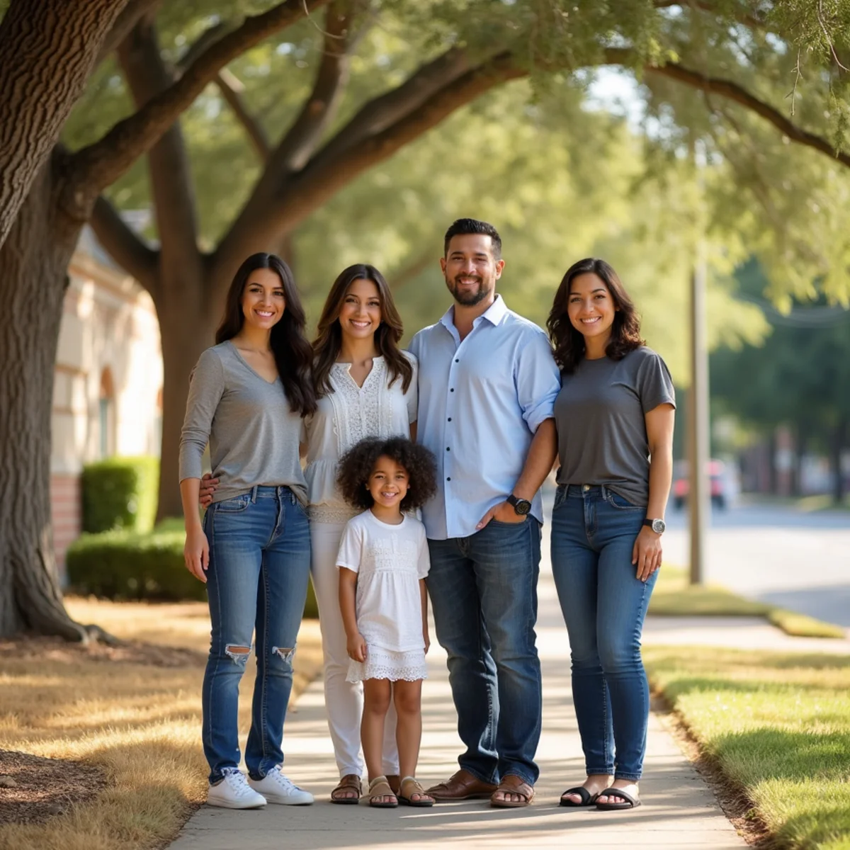 Family photographed under mature oak trees in Alamo Heights, San Antonio, during a golden hour portrait session
