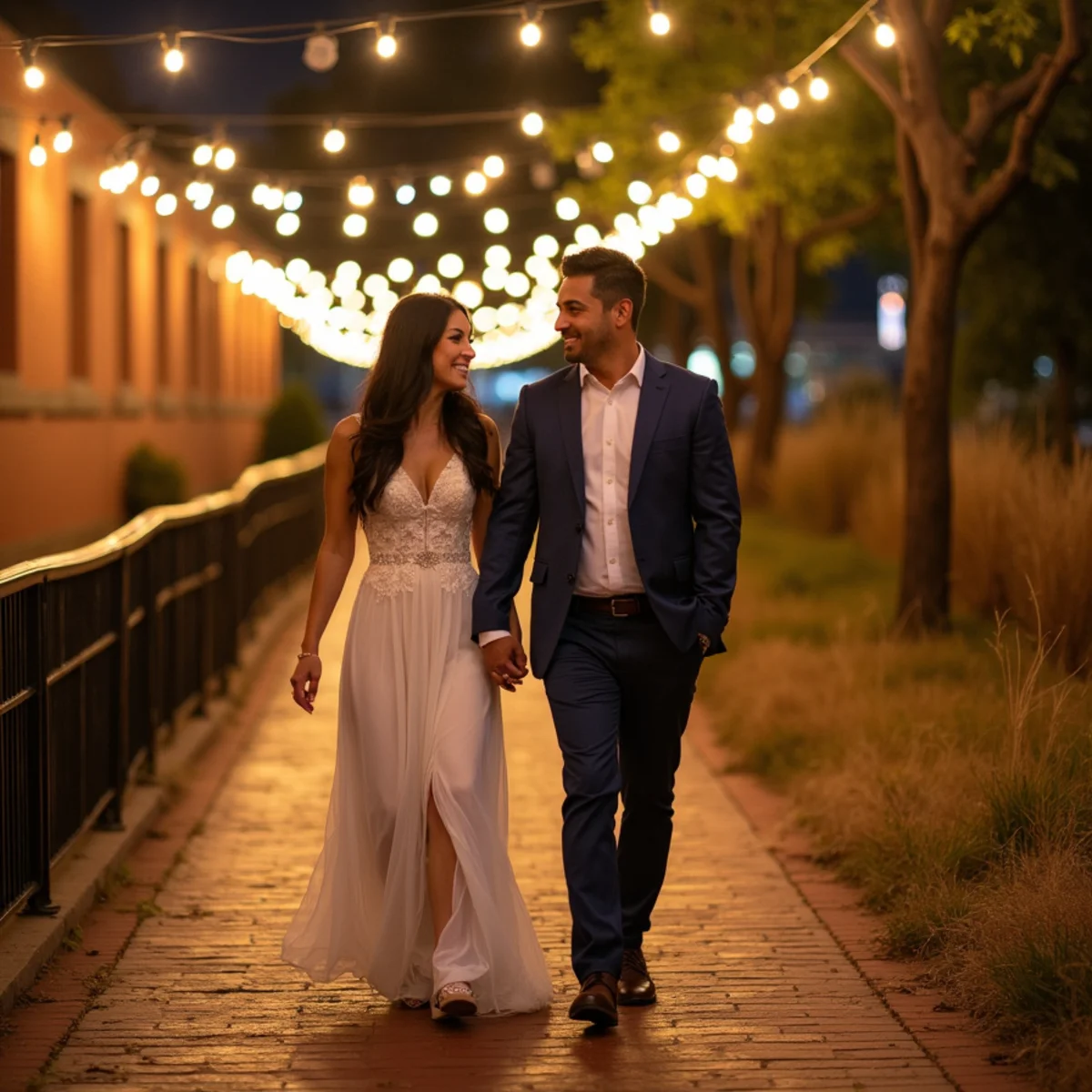 Engaged couple walking beneath string lights along the Museum Reach section of the San Antonio River Walk