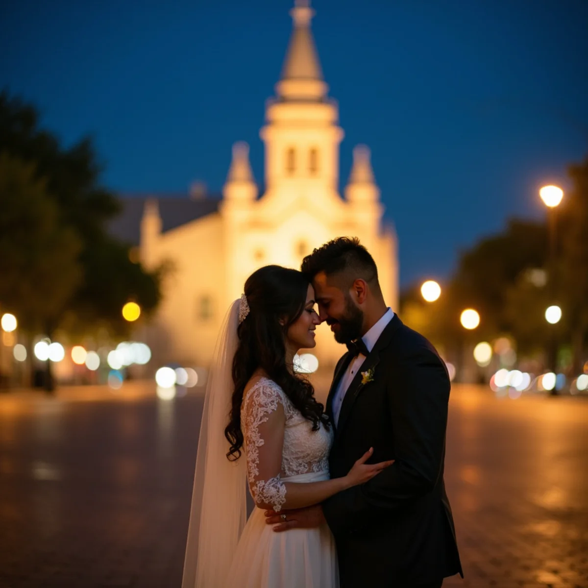 Couple photographed at night in Main Plaza with the lit façade of San Fernando Cathedral behind them