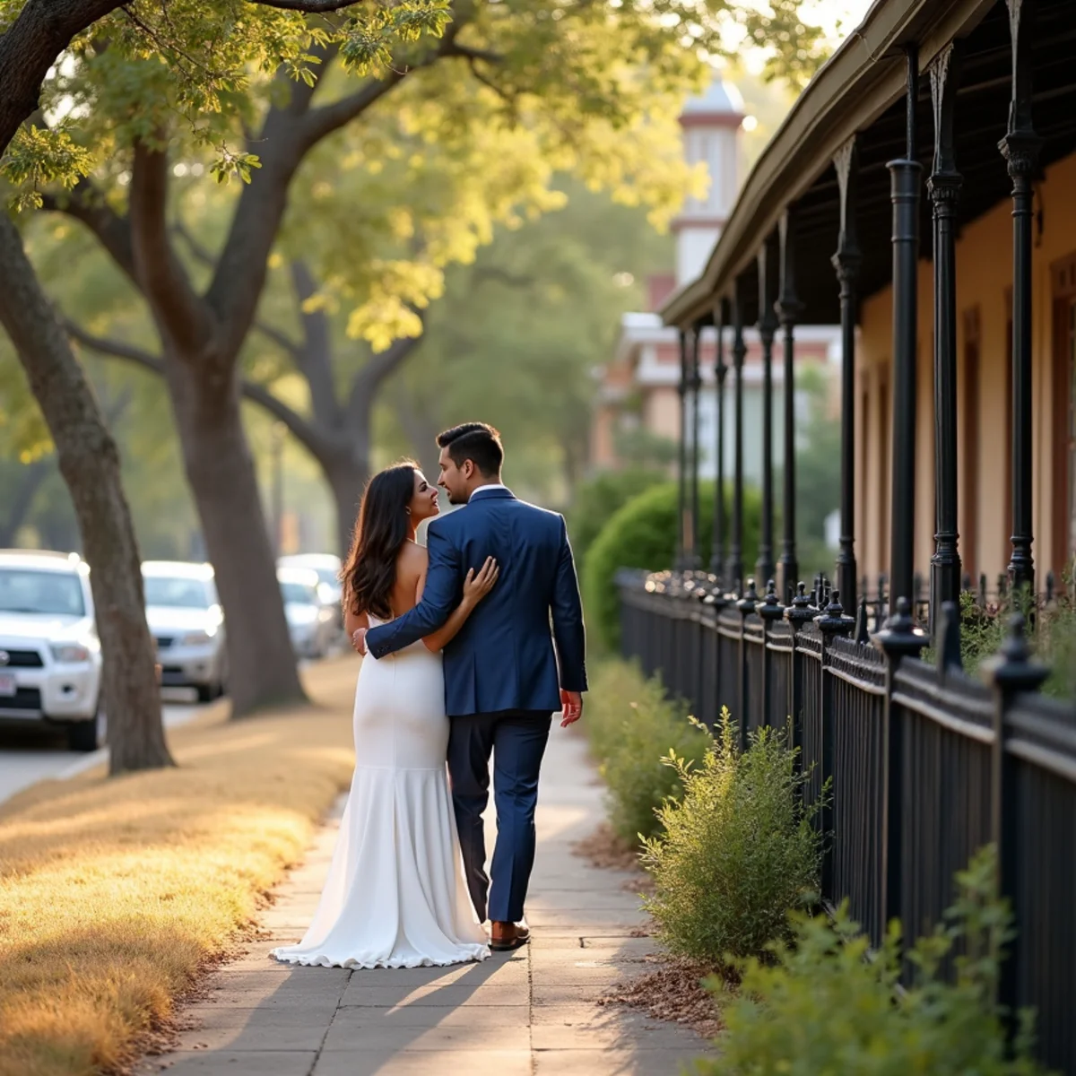 Engaged couple on an oak-lined sidewalk beside a Victorian house in the King William district of San Antonio