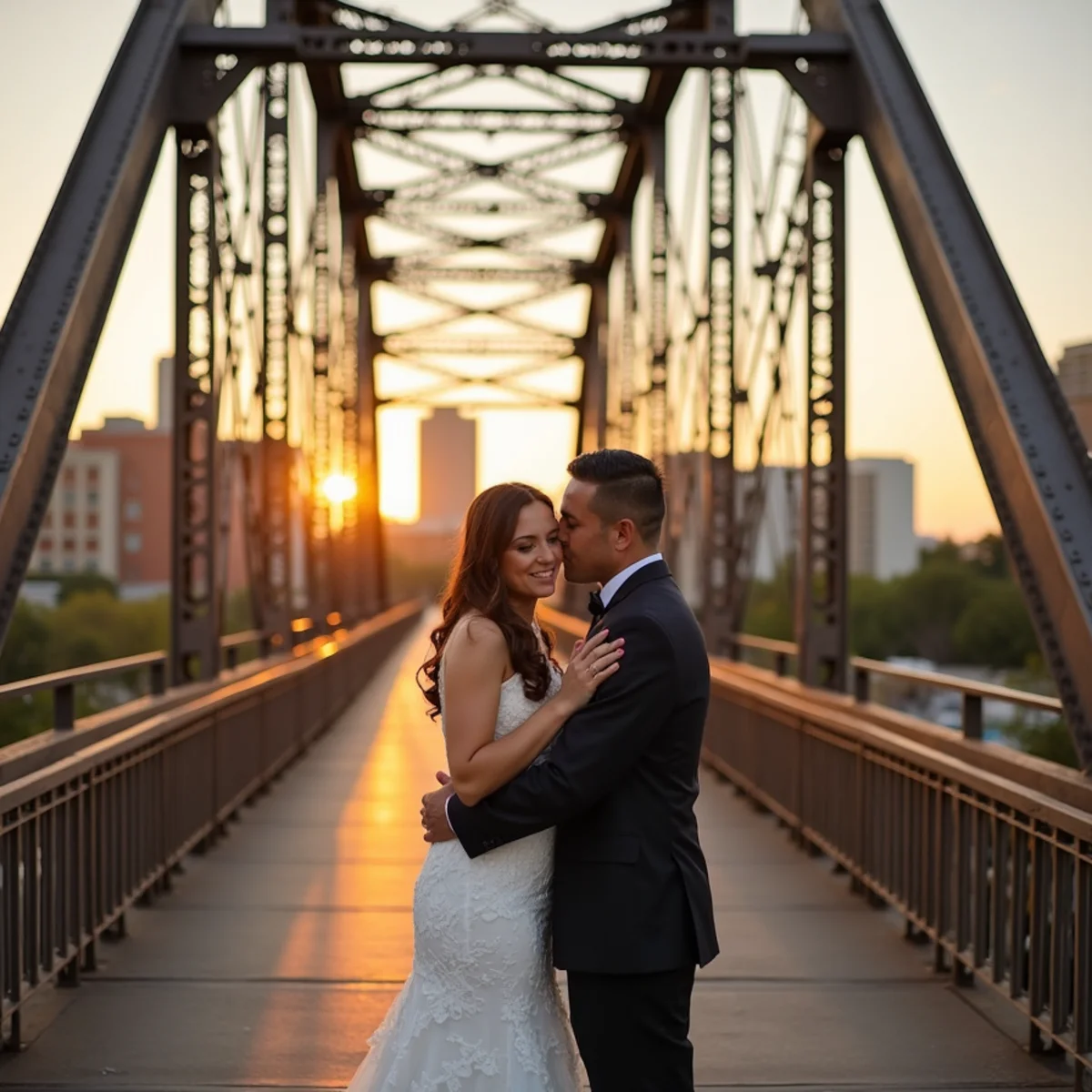 Couple standing on the restored Hays Street Bridge with the San Antonio downtown skyline behind them