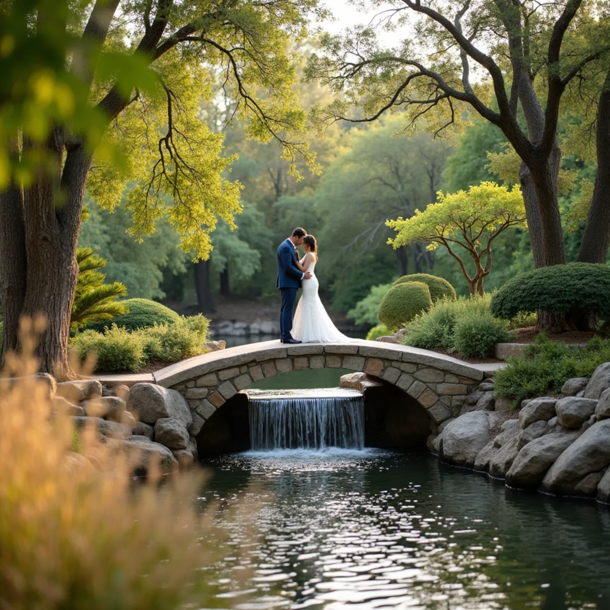Couple on a stone bridge above the waterfall at the Japanese Tea Garden in San Antonio