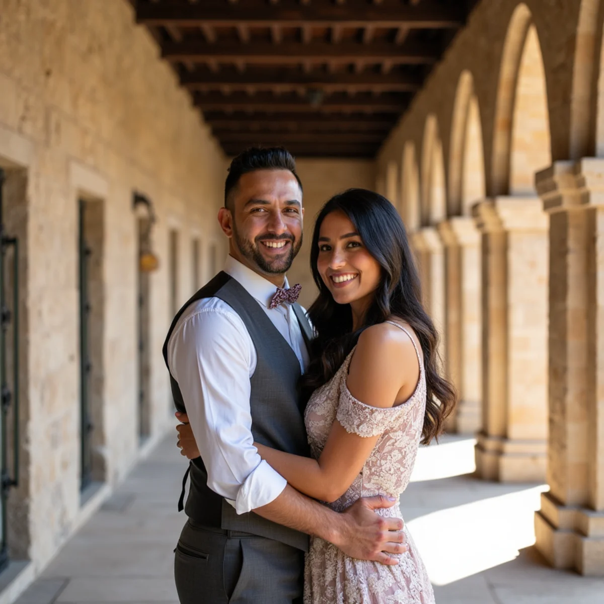 Engaged couple framed by the limestone arcade at Mission San José in San Antonio