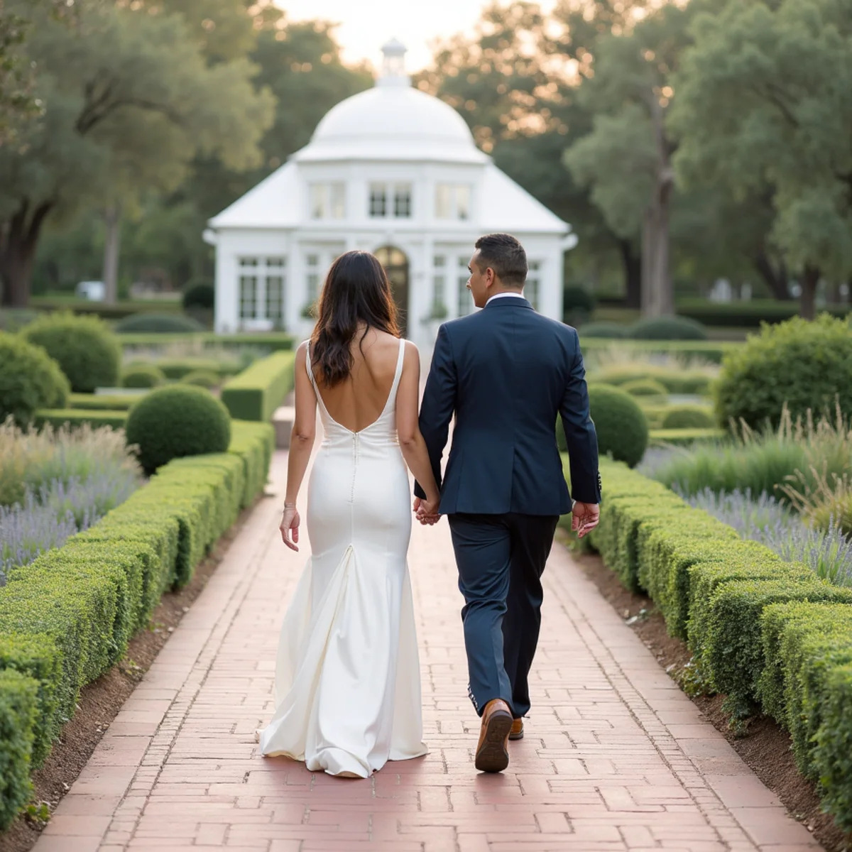 Couple walking a formal garden path at the San Antonio Botanical Garden