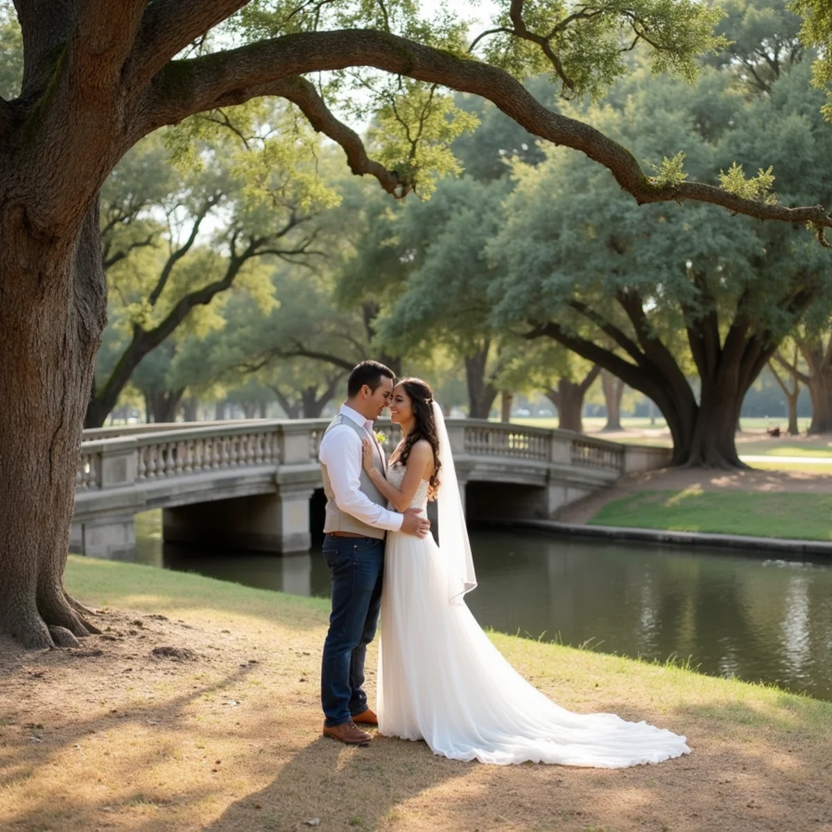 Couple photographed under mature live oaks beside the river at Brackenridge Park in San Antonio