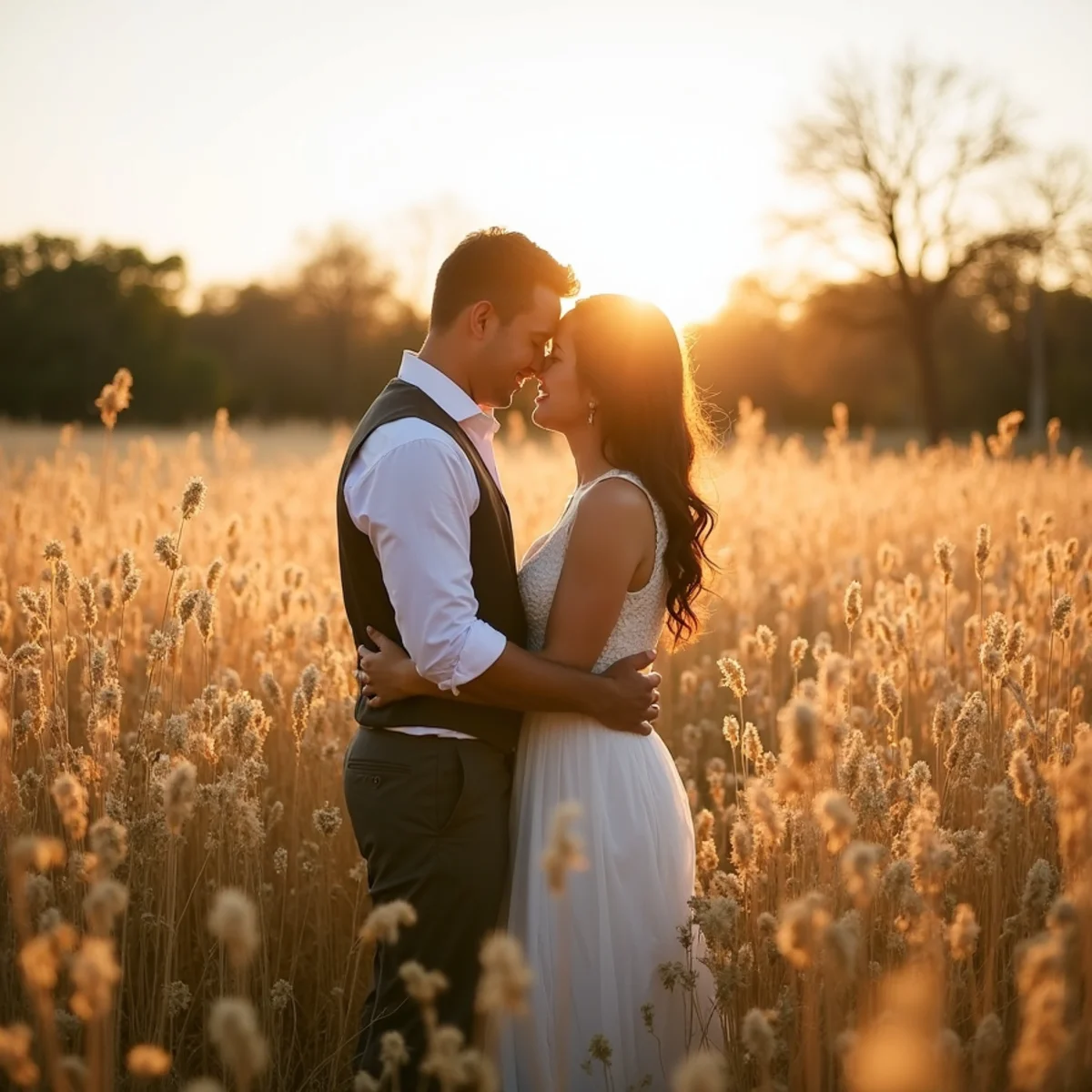Couple backlit in open meadow grass at Phil Hardberger Park in north San Antonio