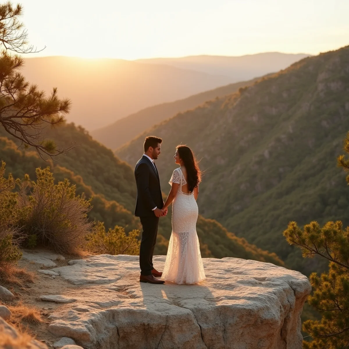 Couple standing on limestone and cedar terrain at Government Canyon State Natural Area west of San Antonio