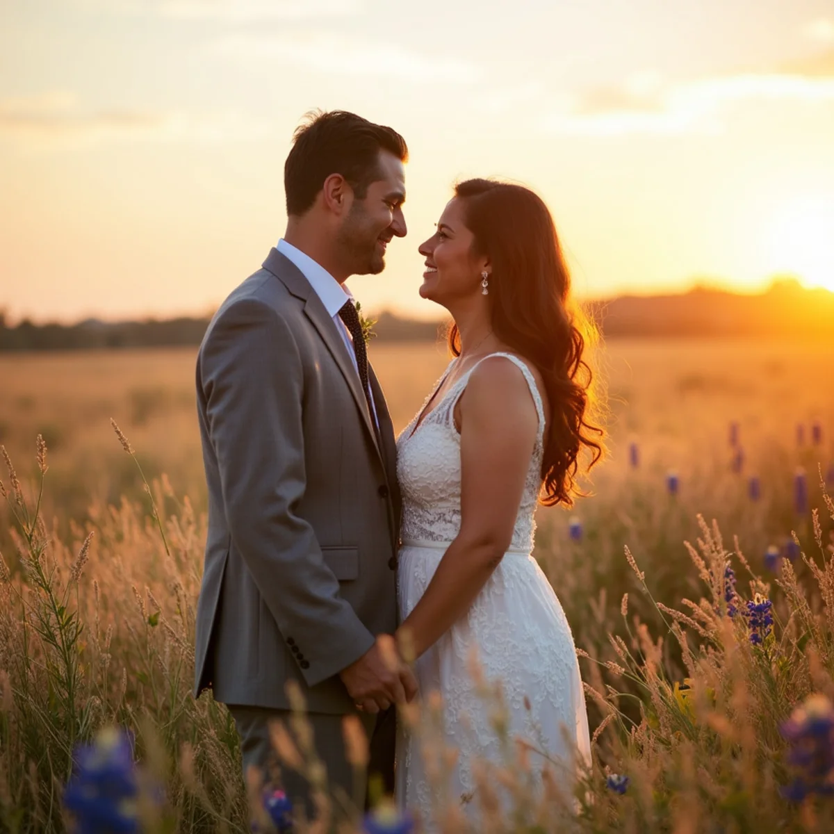 Couple photographed in open pasture with bluebonnets near Bulverde, Texas at sunset