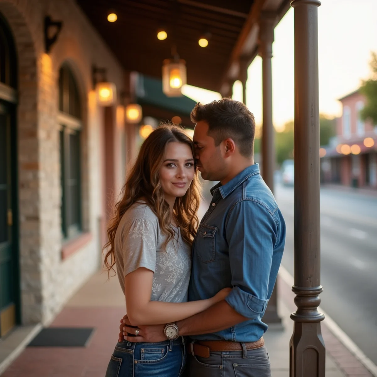 Couple outside 1850s limestone storefronts on Hauptstrasse in Boerne, Texas