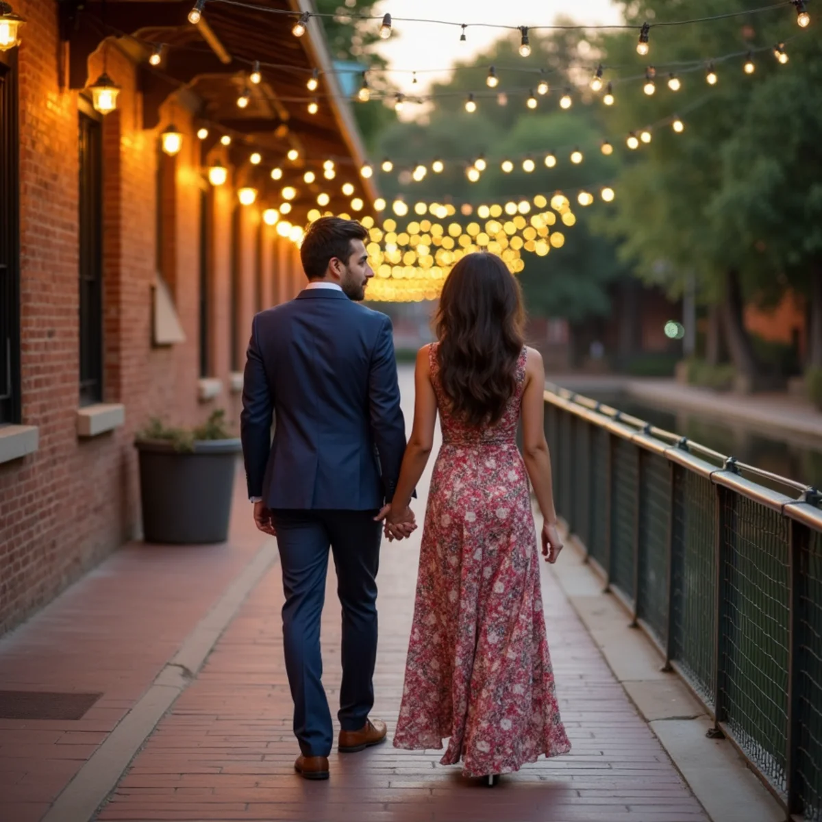 Engaged couple walking along the Museum Reach section of the San Antonio River Walk at golden hour