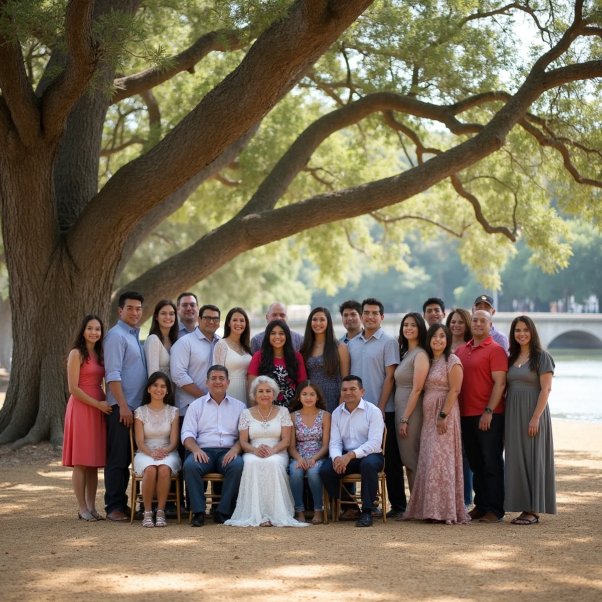 Extended family photographed under mature live oaks at Brackenridge Park in San Antonio