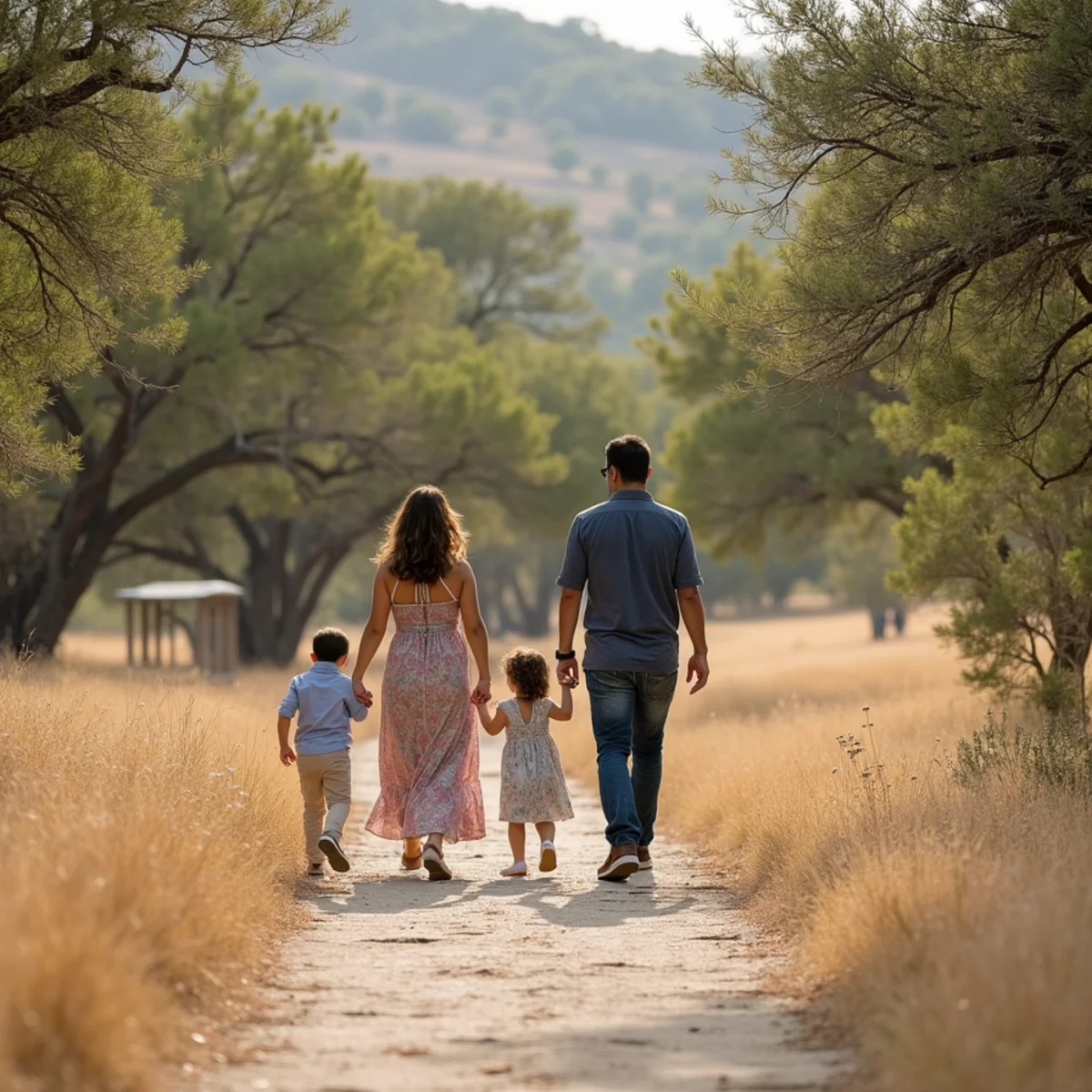 Family on a limestone trail among cedar at Eisenhower Park in north-west San Antonio