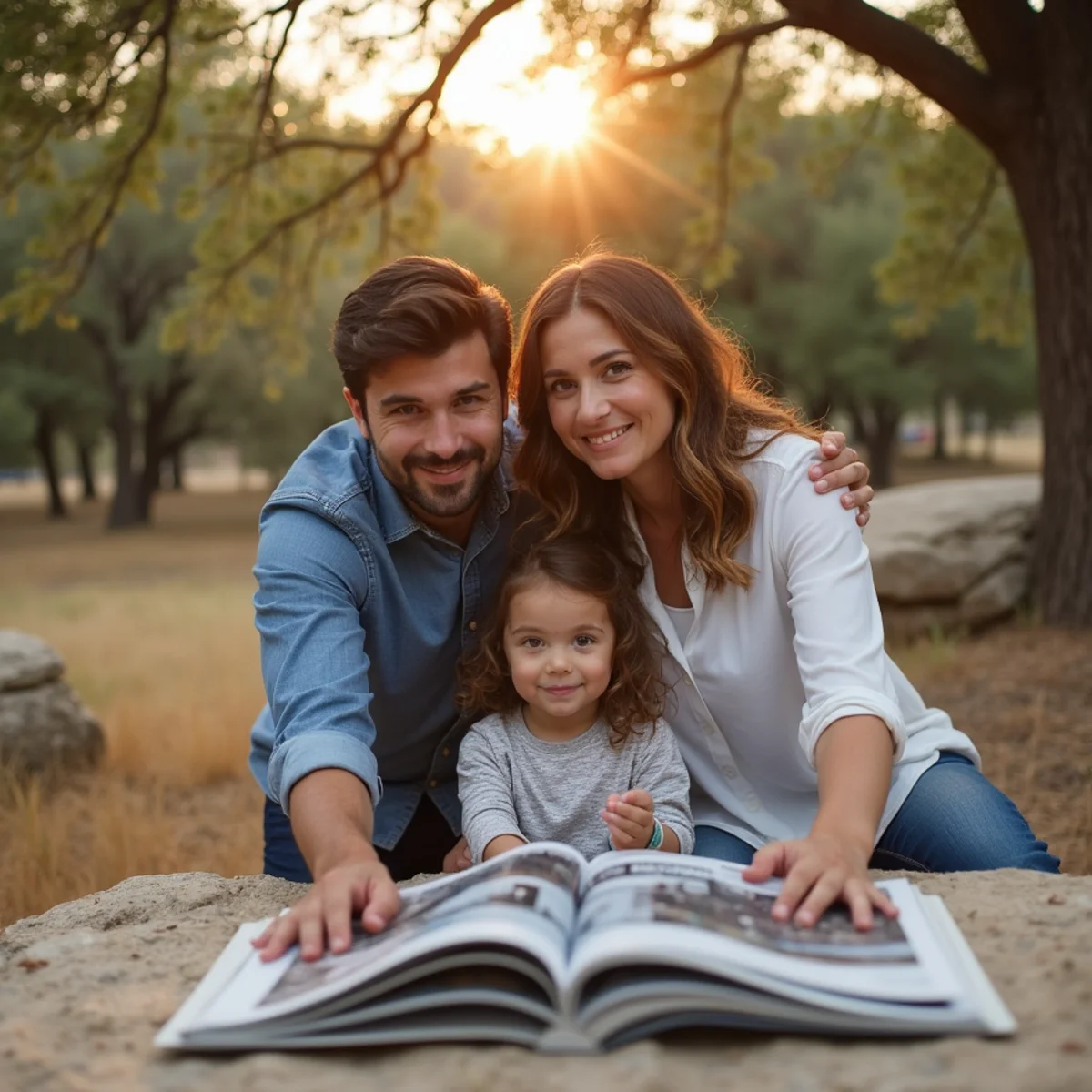 Family photographed among cedar and limestone outcrops at Stone Oak Park in San Antonio