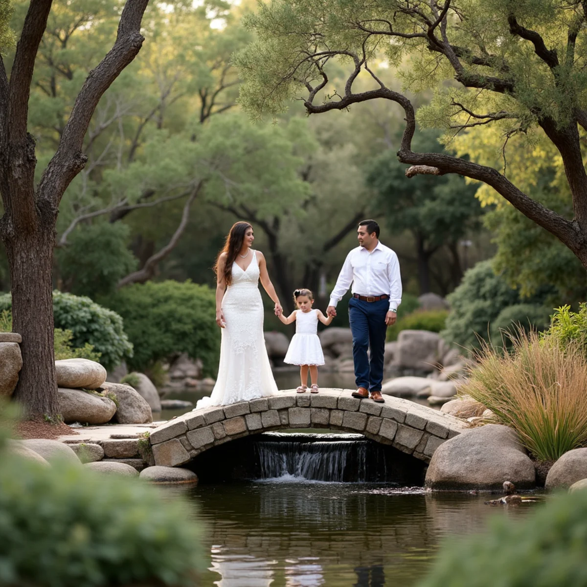 Family on a stone bridge beside the waterfall at the Japanese Tea Garden in San Antonio