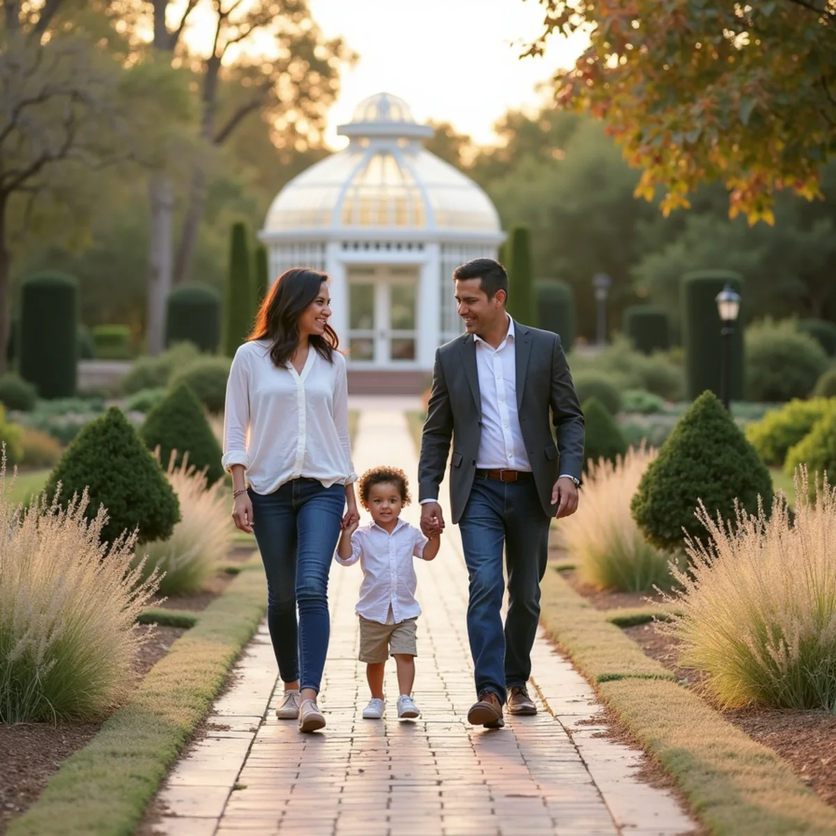 Family walking a formal garden path at the San Antonio Botanical Garden