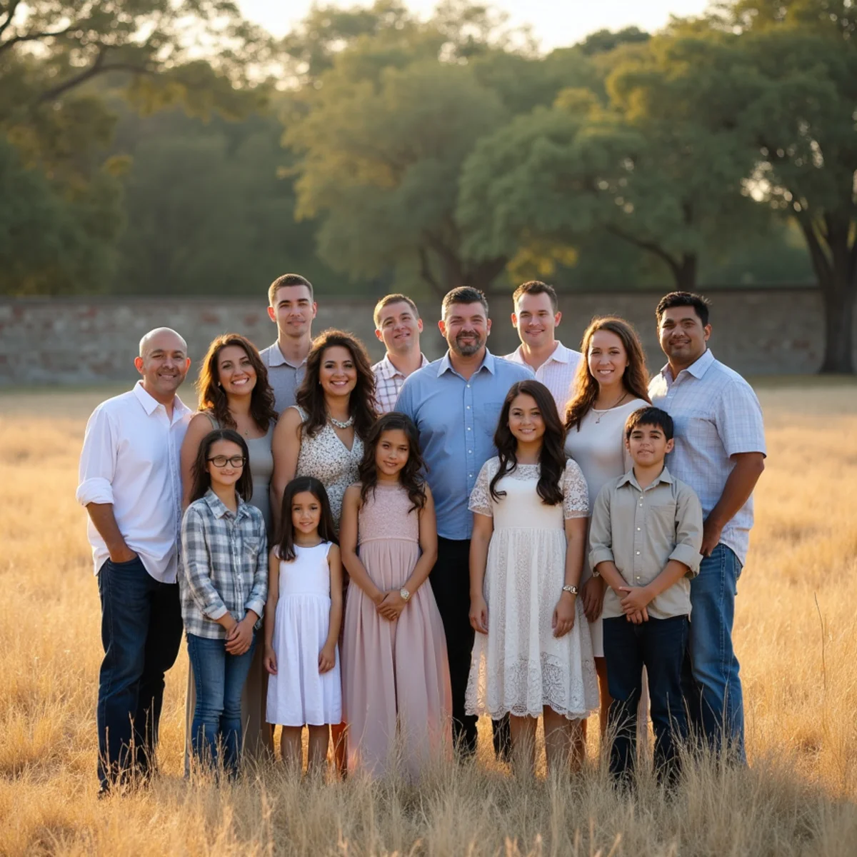 Large extended family photographed in the open field at Olmos Basin Park in San Antonio