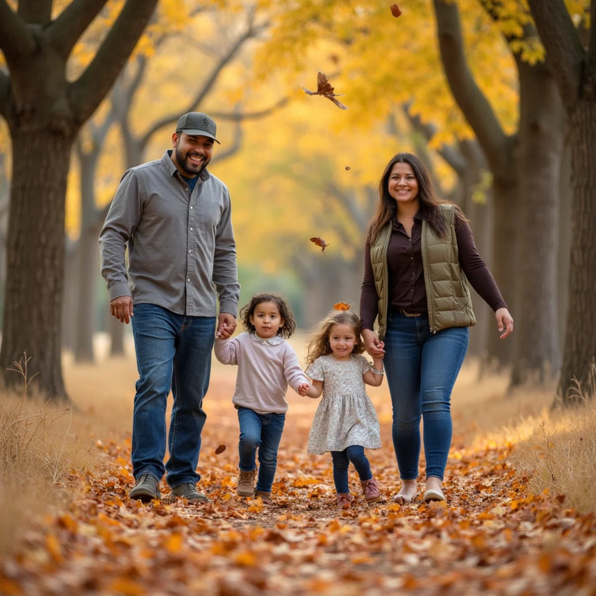 Family photographed among gold pecan trees at Crescent Bend Nature Park in Schertz, Texas