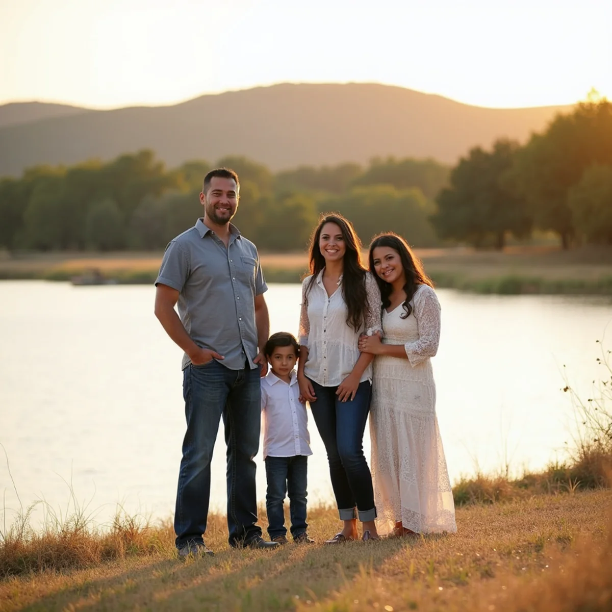 Family beside the open water at Boerne City Lake Park in the Texas Hill Country