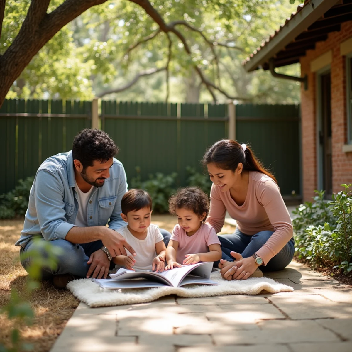 Family photographed in their own shaded back garden during an in-home session in San Antonio