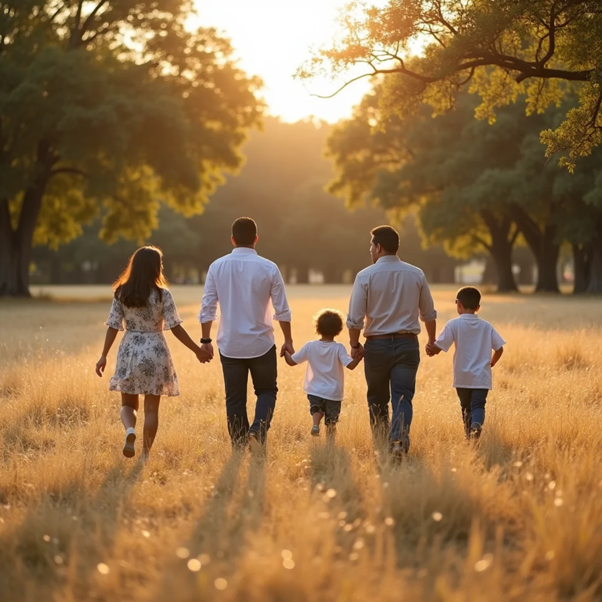 Extended family photographed on the meadow at Phil Hardberger Park in San Antonio at golden hour