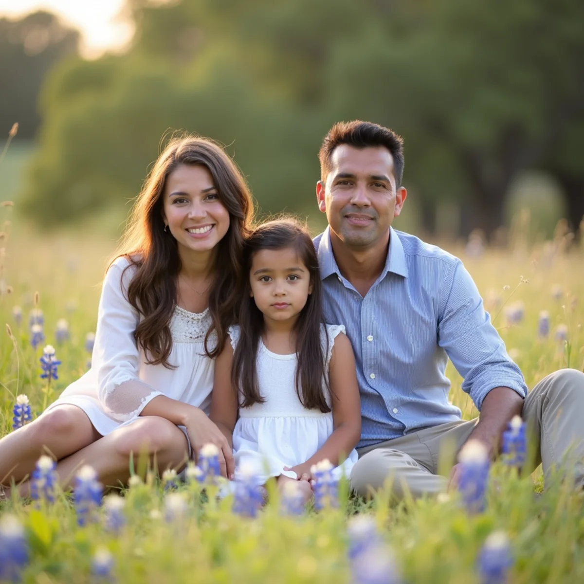 Family photographed among spring wildflowers in the Texas Hill Country near San Antonio