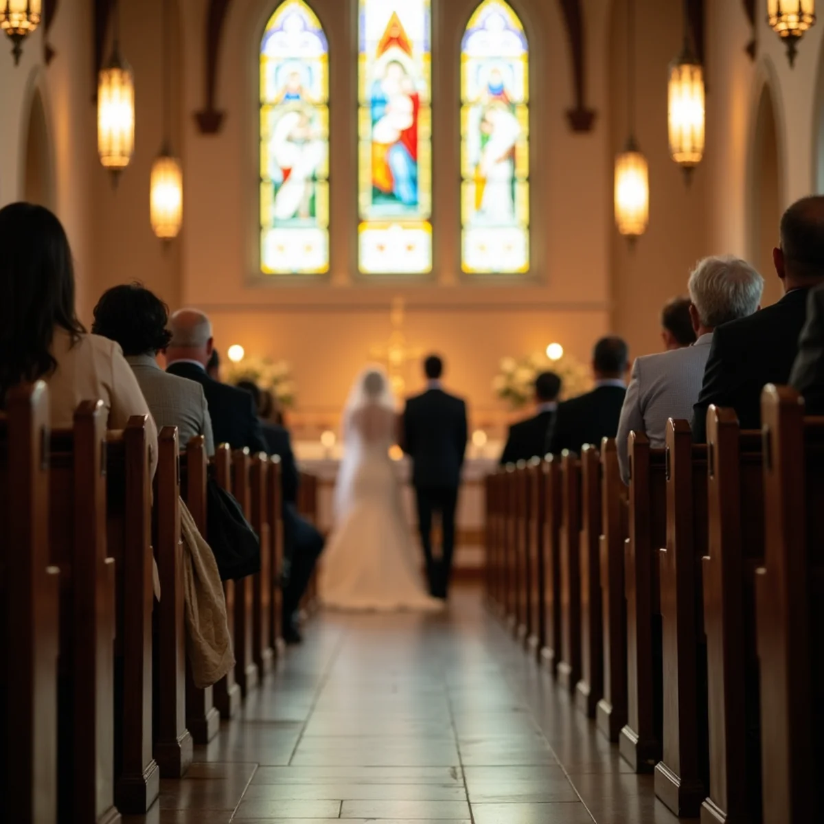 Catholic church wedding ceremony in San Antonio photographed from the side aisle