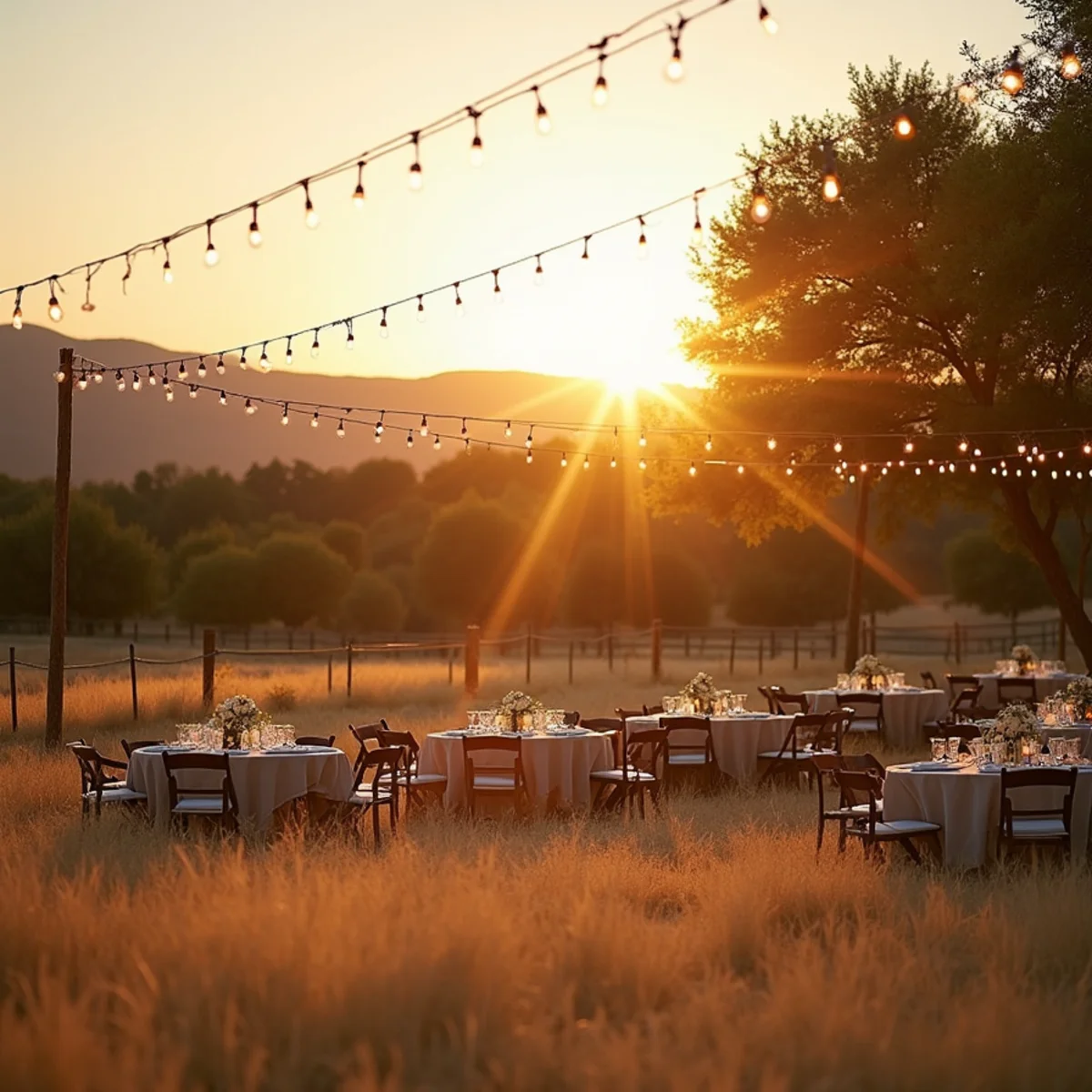 Hill Country ranch wedding venue near San Antonio photographed at sunset with open pasture behind