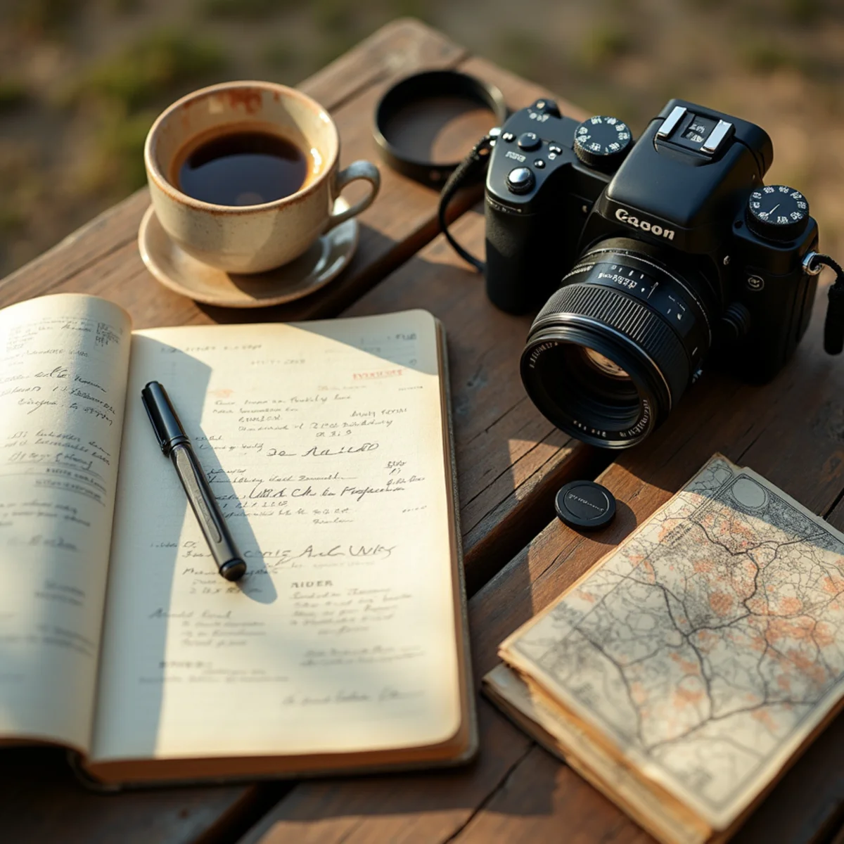 Photographer planning a session on location in San Antonio with notes and a camera