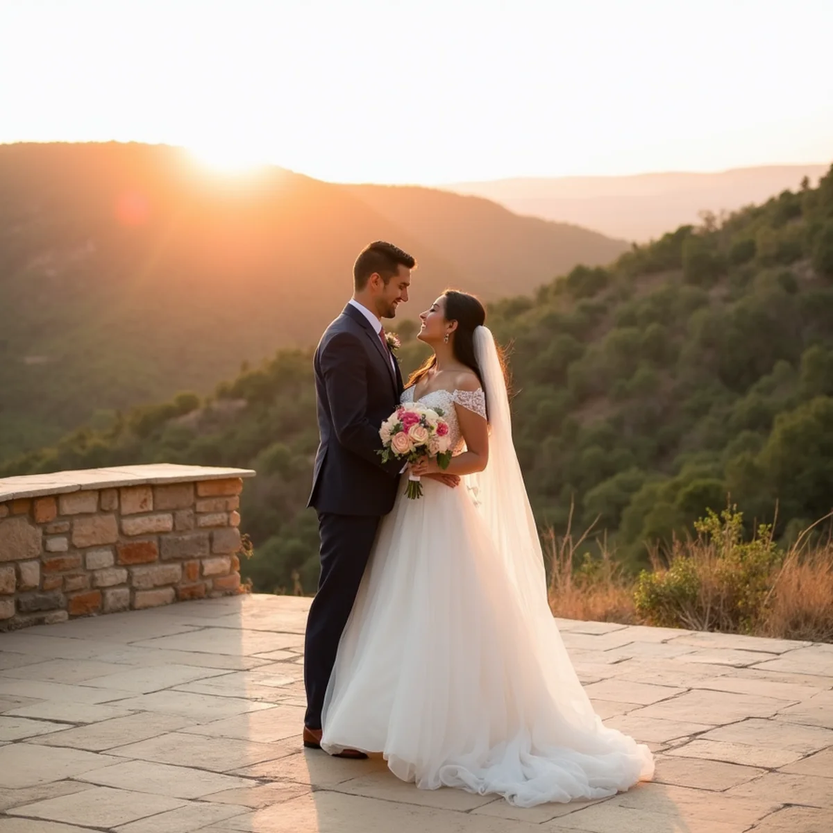 Wedding couple photographed on Hill Country ranch land near Boerne, Texas, with limestone and cedar behind them