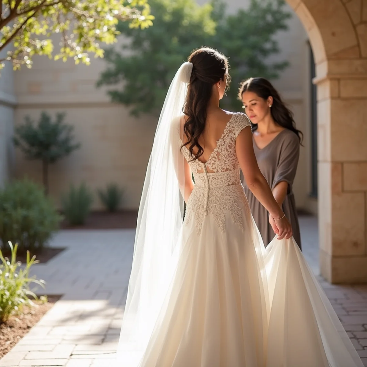 Bride adjusting her veil during a bridal portrait session in a San Antonio limestone courtyard