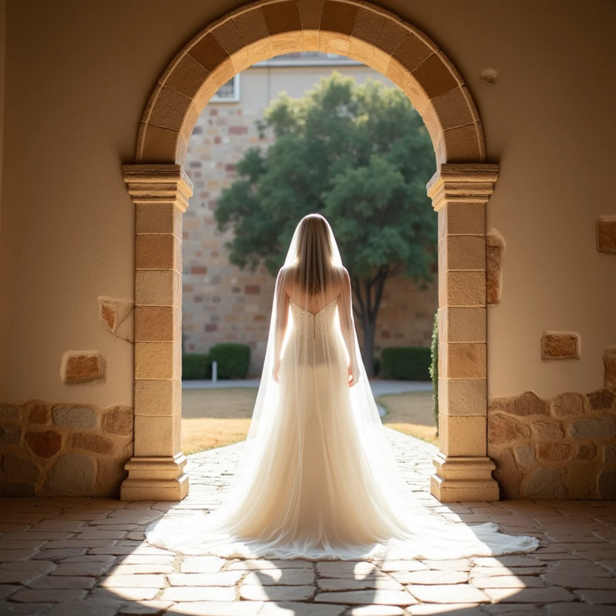 Bride in her wedding gown photographed during a San Antonio bridal portrait session in a historic courtyard