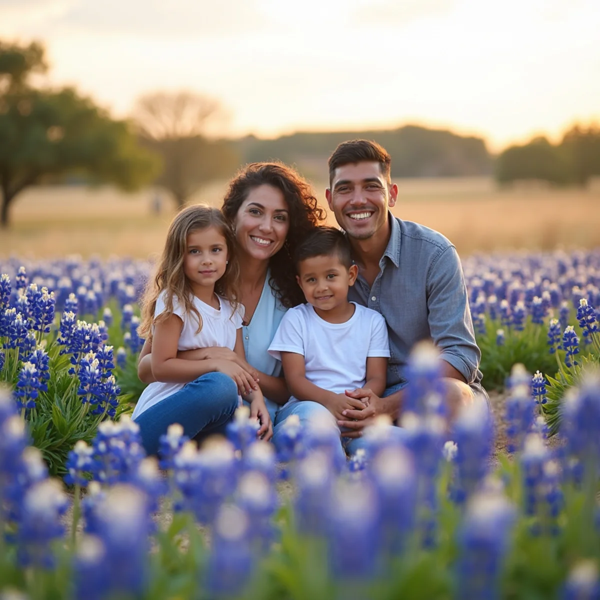 Family photographed among bluebonnets on open pasture near Bulverde, Texas, during an April evening session