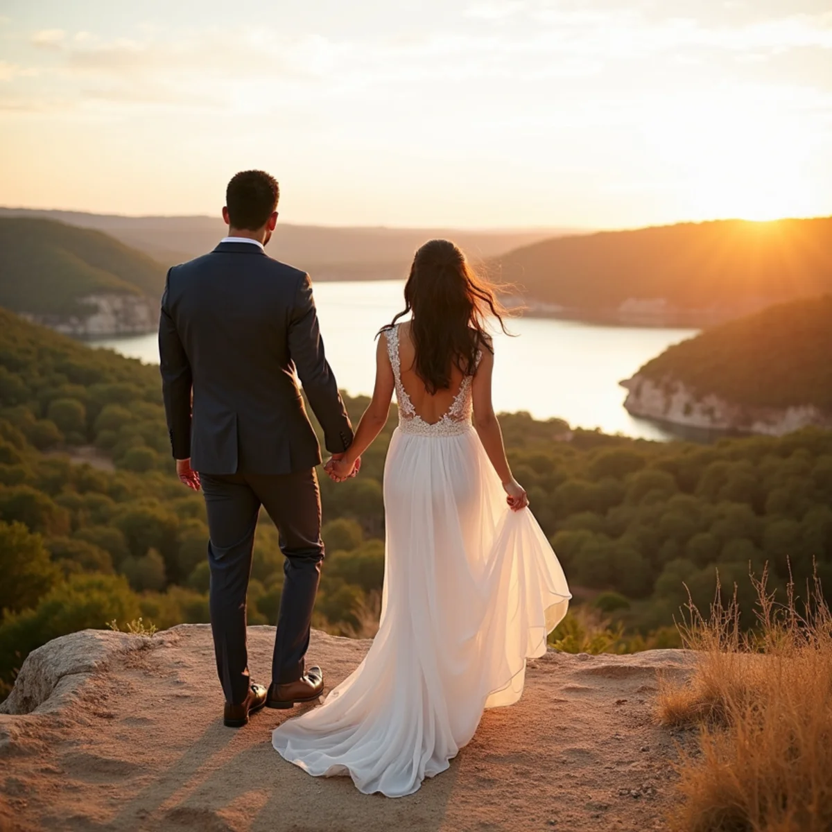 Elevated overlook above the open water of Canyon Lake in the Texas Hill Country at sunset