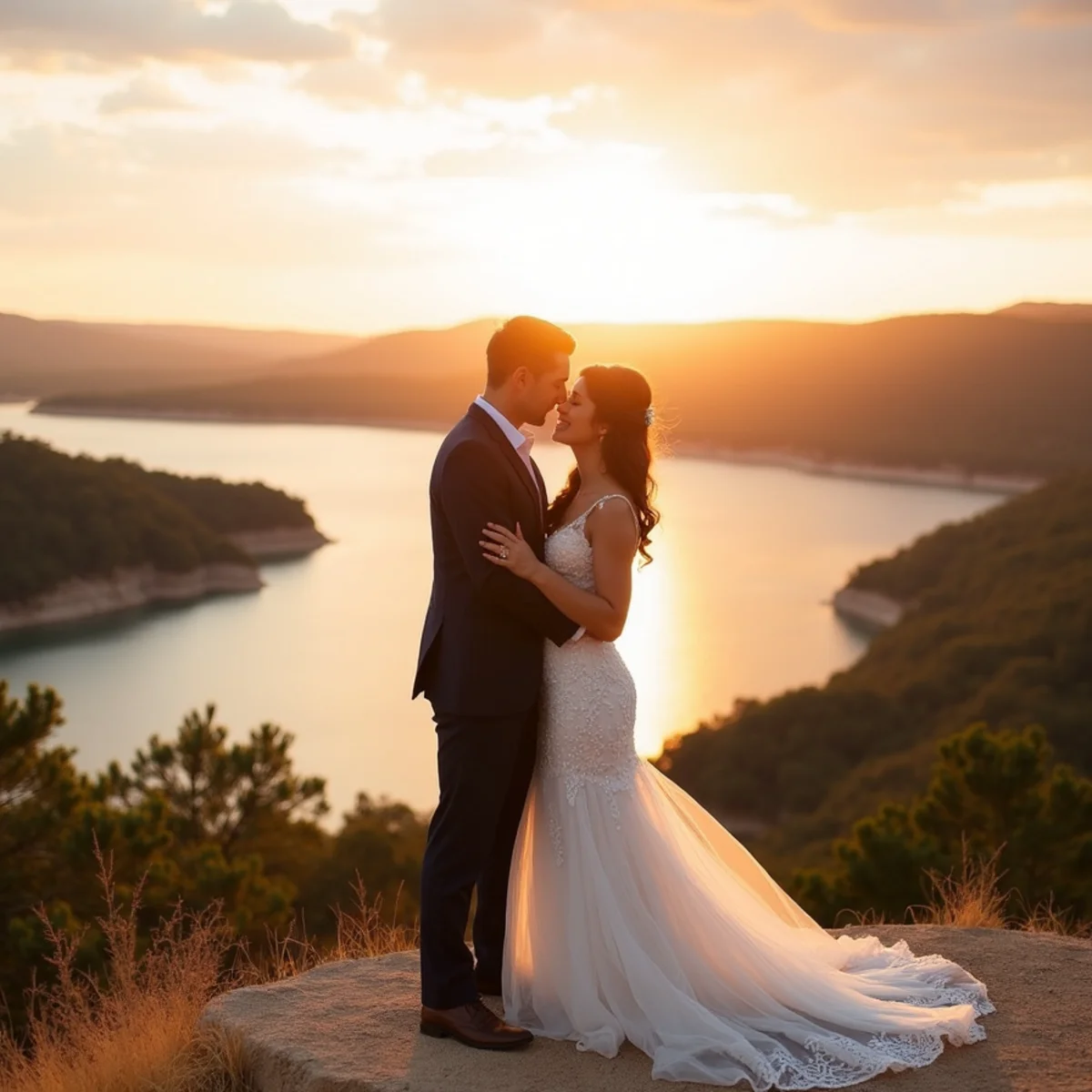 Couple photographed at a Canyon Lake overlook in the Texas Hill Country with open water behind at sunset