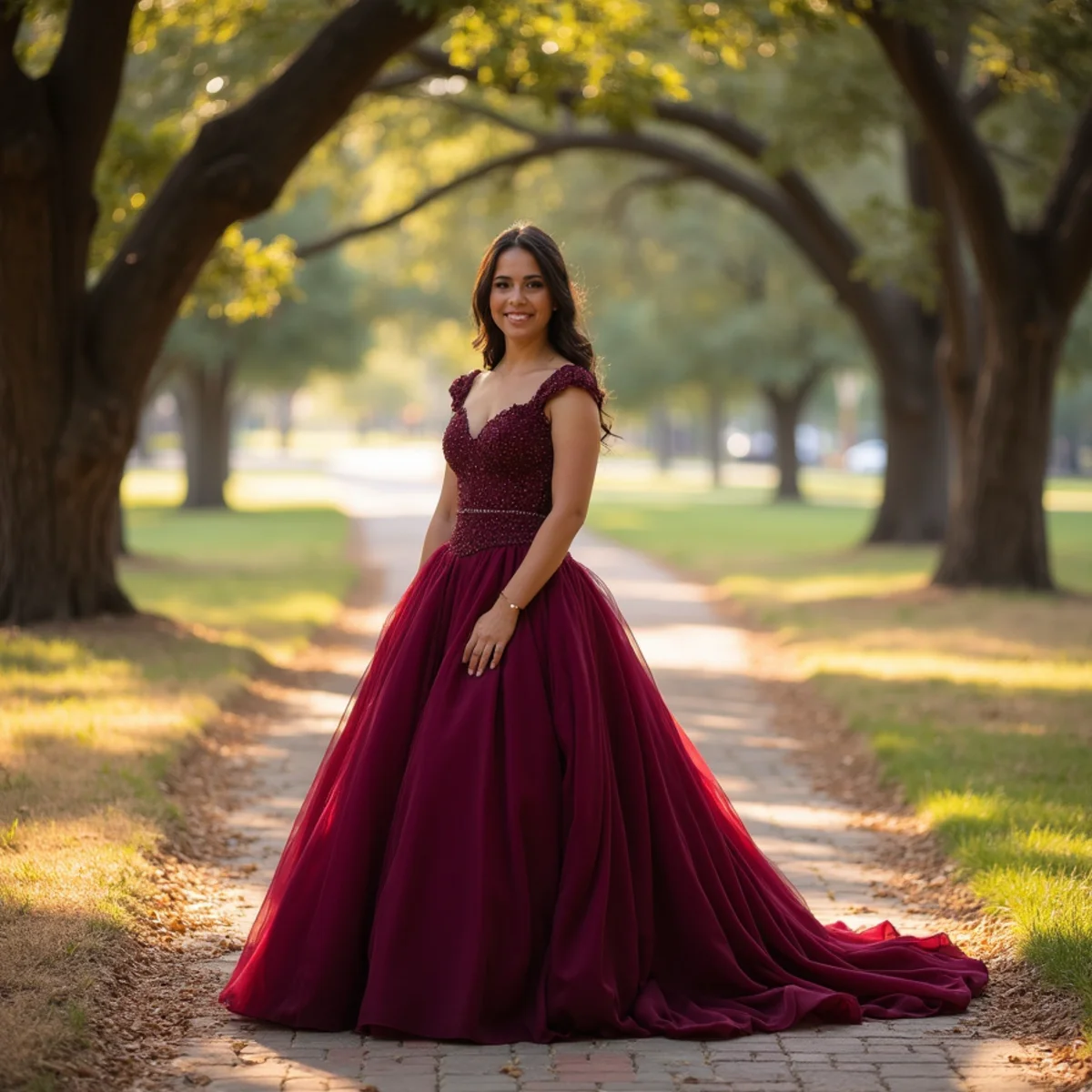 Quinceañera photographed on a shaded park path near Castle Hills, San Antonio
