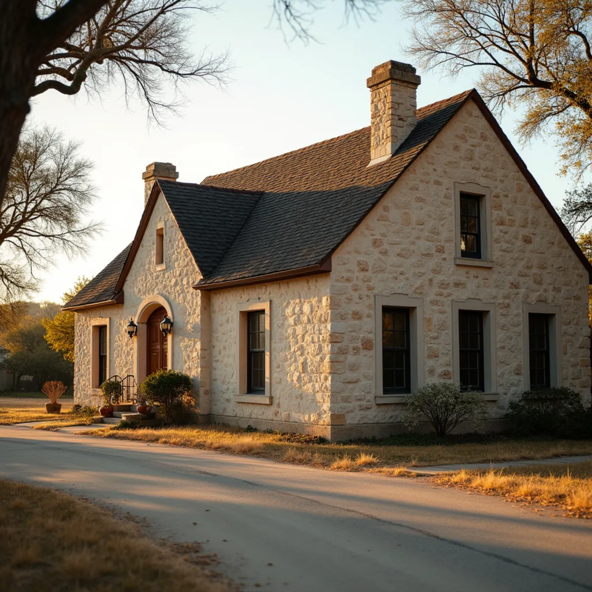 Original 1840s Alsatian limestone house with a steep pitched roof in Castroville, Texas