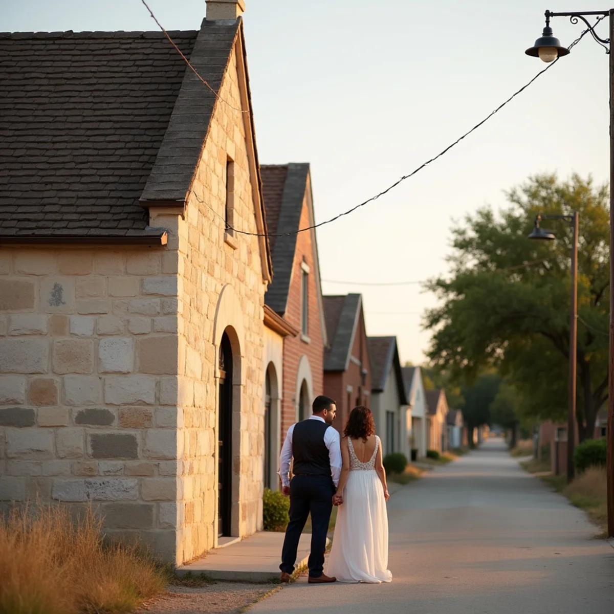 Engaged couple photographed beside a historic Alsatian stone house in Castroville, Texas, in evening light