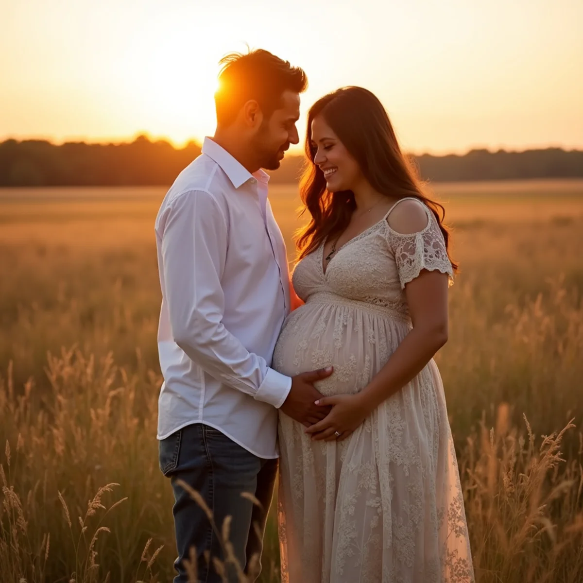 Expectant couple photographed in open country near Cibolo, Texas, during a maternity session at golden hour