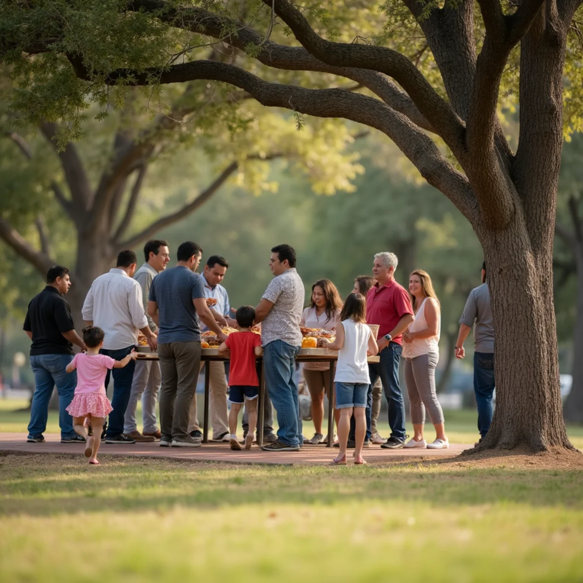 Large family gathered under the park pavilion at Converse City Park in Texas