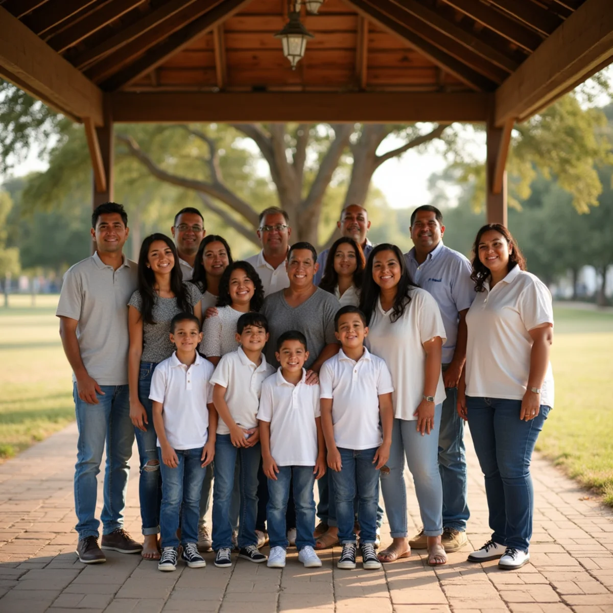 Extended family photographed together at a park in Converse, Texas, during a late afternoon portrait session