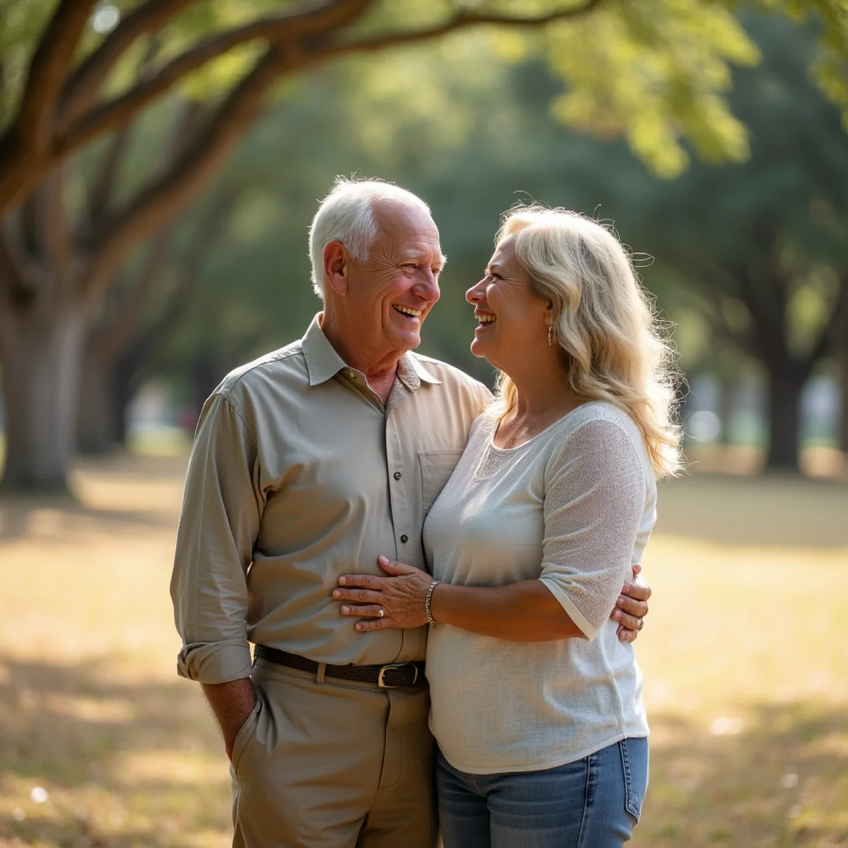 Married couple laughing together during an anniversary portrait session in a San Antonio park