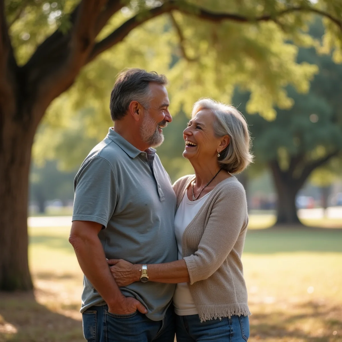 Married couple photographed during an anniversary portrait session in a San Antonio park at golden hour