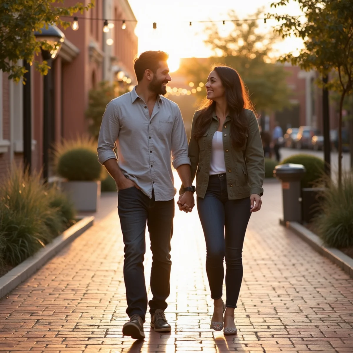 Engaged couple walking together during an evening engagement session at the Pearl in San Antonio
