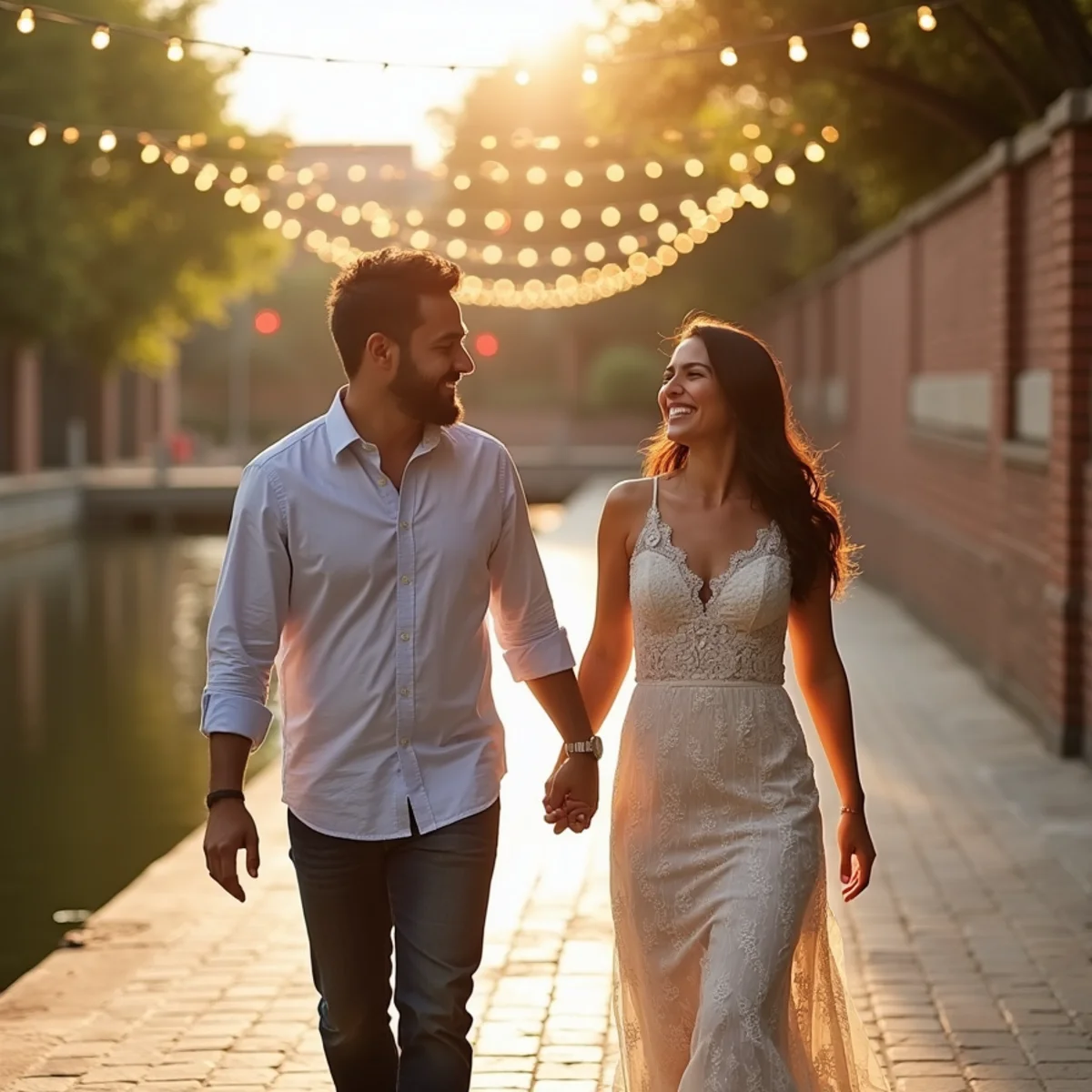 Engaged couple laughing during a San Antonio engagement photography session along the River Walk at golden hour