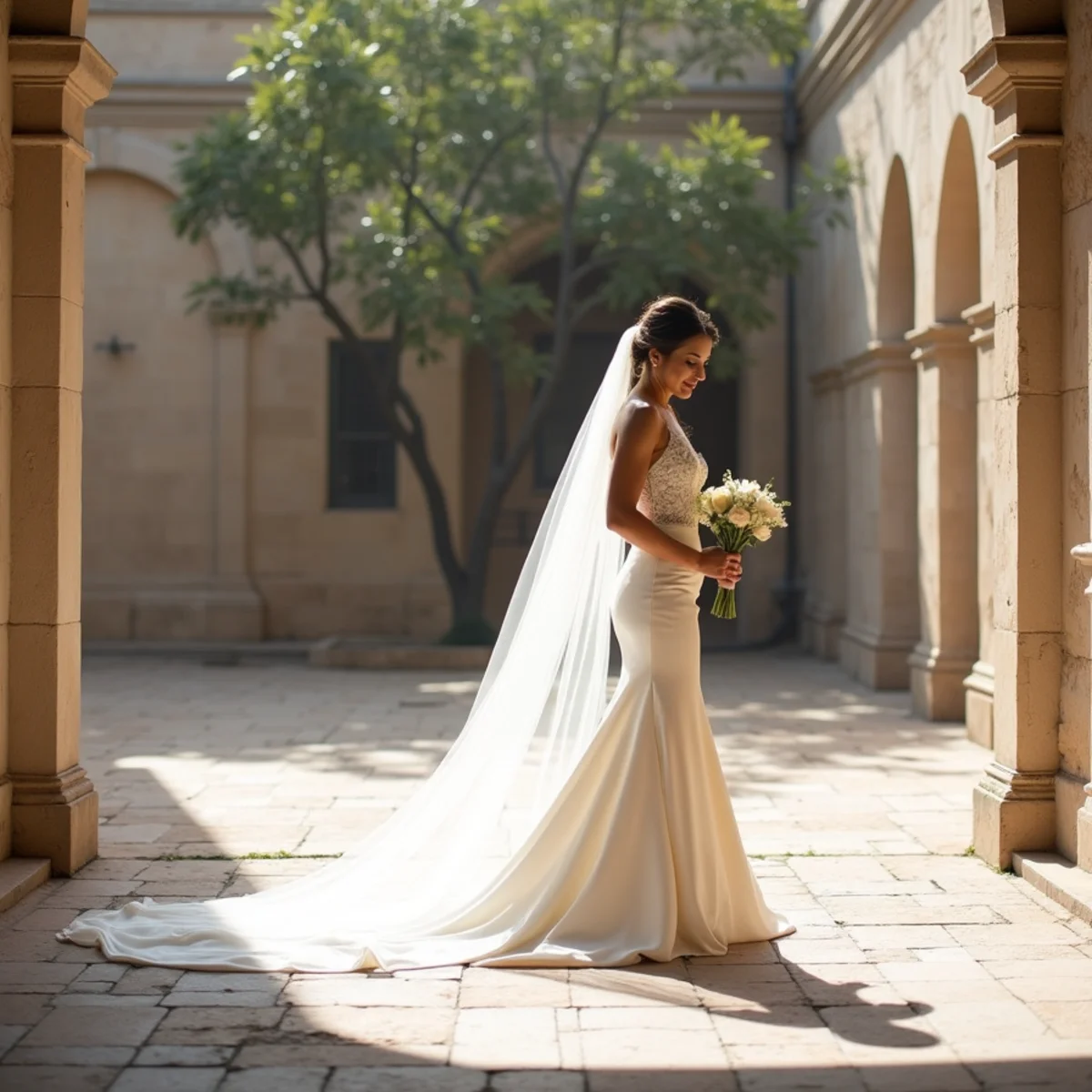 Bride photographed alone in her gown during a bridal portrait session in a San Antonio courtyard