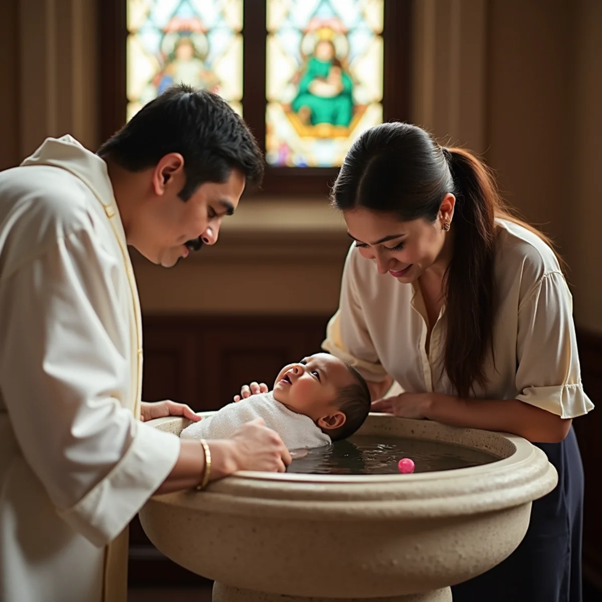 Priest pouring water during a baptism photographed at a San Antonio parish