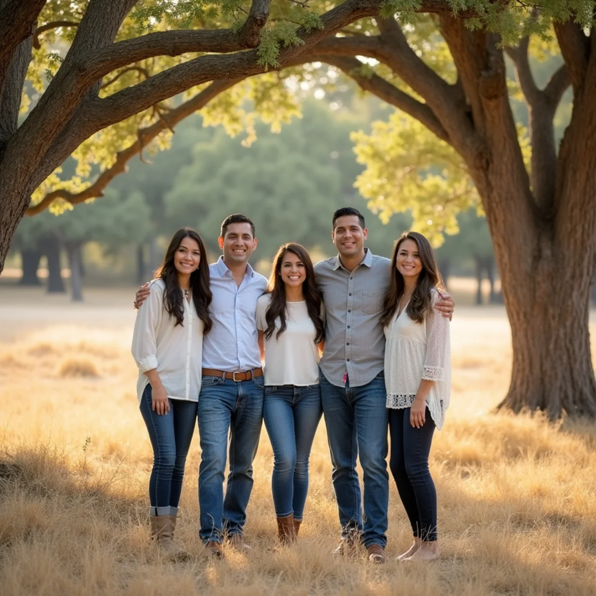 Family photographed on a wooded property in Fair Oaks Ranch, Texas, with oak and cedar in evening light