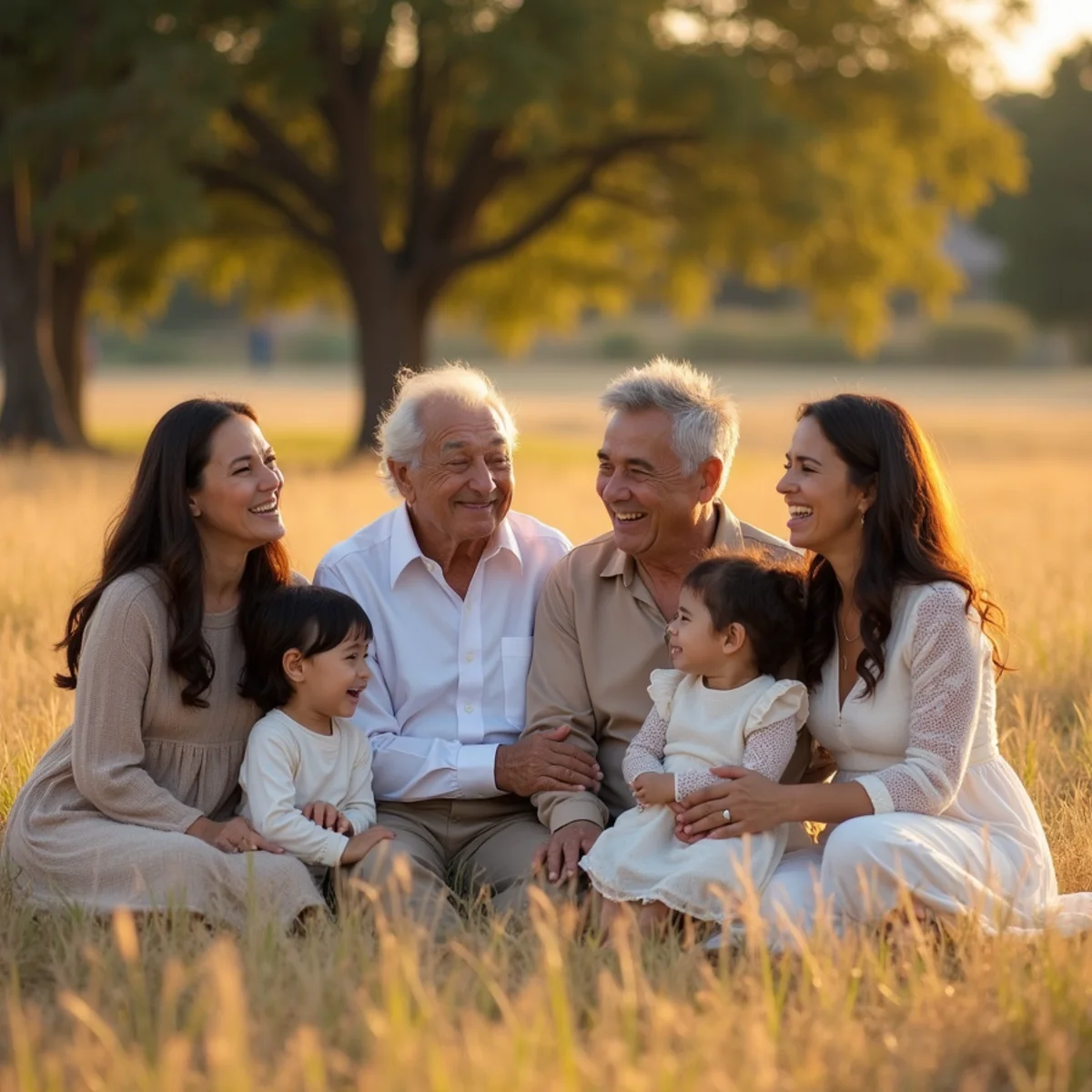 Multigenerational family photographed together during a San Antonio family portrait session under oak trees