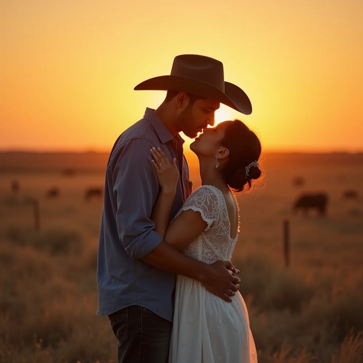Open ranch land under a wide sunset sky near Floresville in Wilson County, Texas